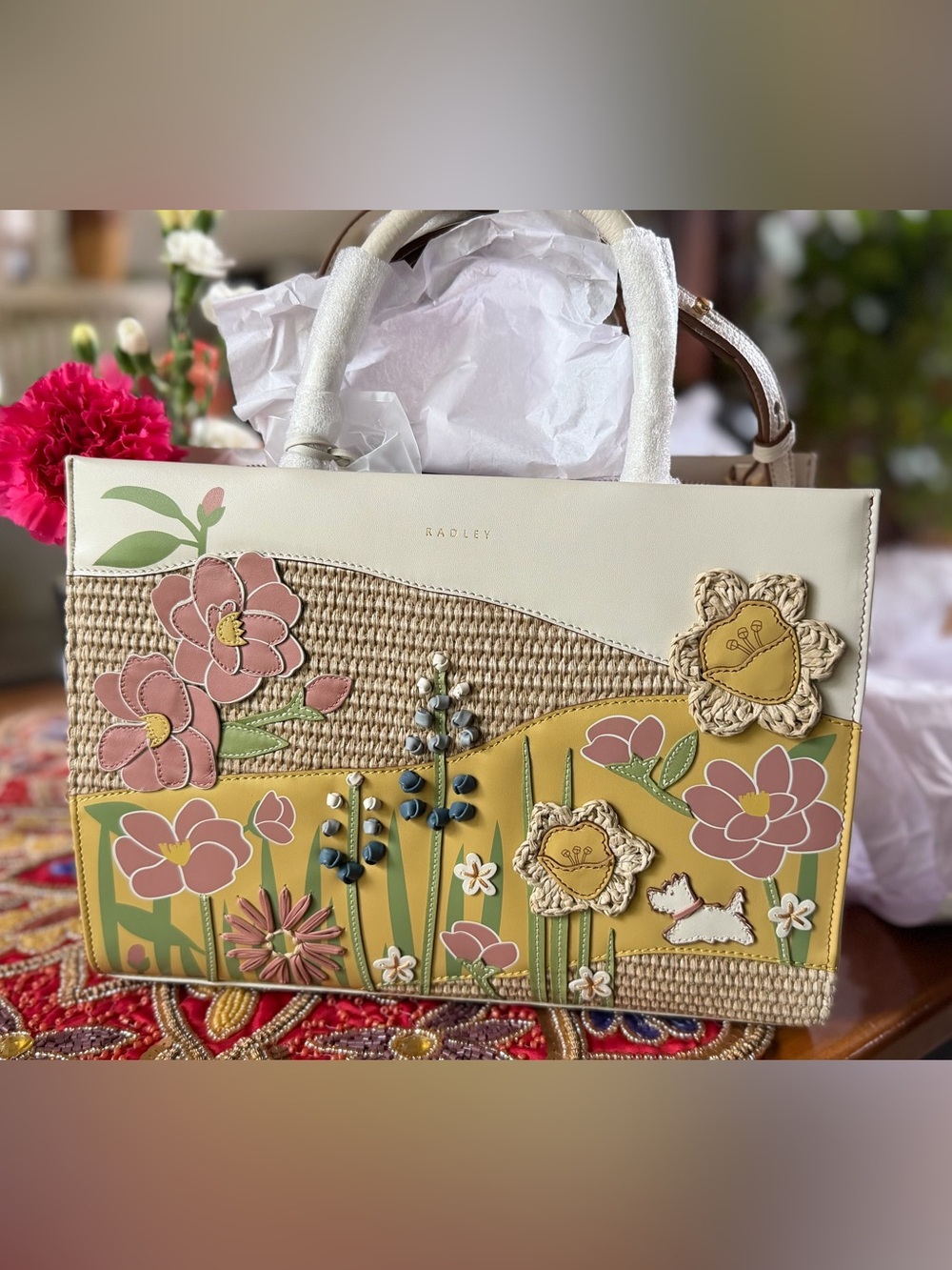 Radley London “Spring Blooms” Tote in Cream and  leather Collectible bag